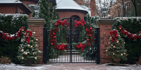 Fototapeta na wymiar Wrought Iron Gate Decorated With Christmas Wreaths and Poinsettias