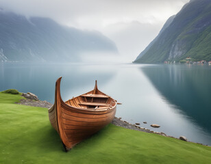 Serene Fjord Landscape with Traditional Wooden Boat