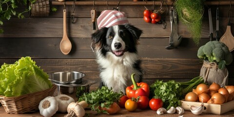 Black and White Dog Surrounded by Vegetables