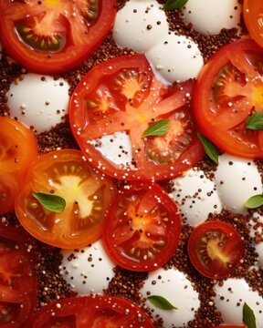  tomatoes, mozzarella and basil sprinkled with seasoning on a platter of tomatoes and mozzarella sprinkled with sprinkles.