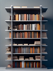 Bookshelf filled with lots of books on top of blue wall.