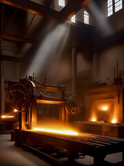 Factory with lot of metal being lit by beam of light.