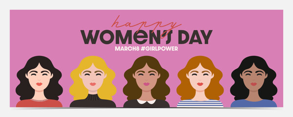 International Women's Day, March 8 banner, cover, poster, greeting card, label, flyer with different women silhouettes