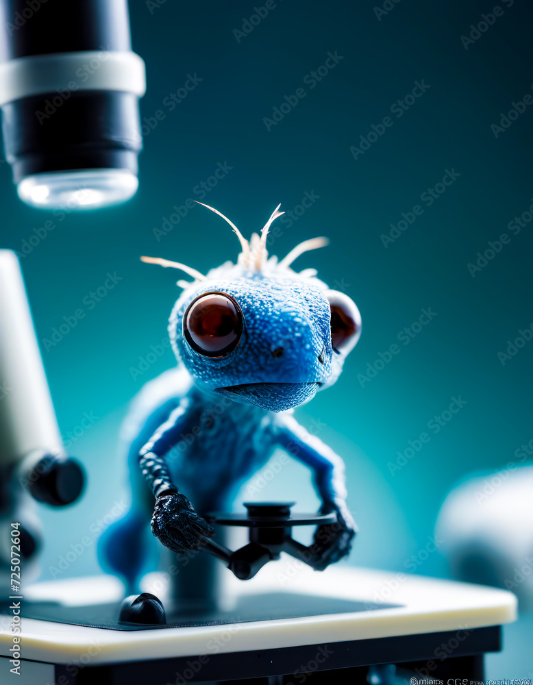 Poster close up of toy animal on table with microscope in the background.