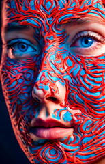 Woman's face is painted with red and blue swirls on it.