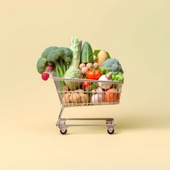 Grocery Shopping Cart Filled with Fresh Produce