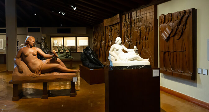 BARCELONA, SPAIN - FEBRUARY 23, 2020: Unique atmosphere of sculptural exhibition in museum of Spanish and Catalan sculptor Frederic Mares with works of master himself