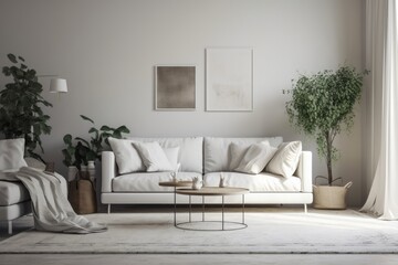 white sofa in a Scandinavian style home, wall mockup in a living room design