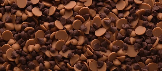 Dark chocolate chips for hot chocolate preparation or dessert ingredients. - obrazy, fototapety, plakaty