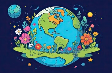 Planet Earth illustration, cartoon, water planet earth, living planet. Save the Planet Concept. Happy Earth Day.