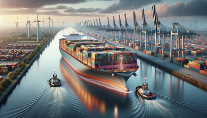 panorama of a container terminal with ships  - obrazy, fototapety, plakaty