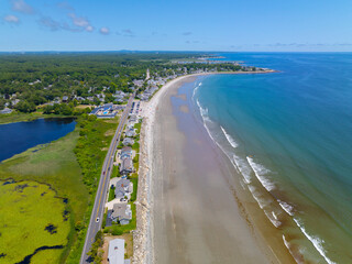 Sawyers Beach aerial view in summer with Ocean Boulevard in town of Rye, New Hampshire NH, USA.  - obrazy, fototapety, plakaty