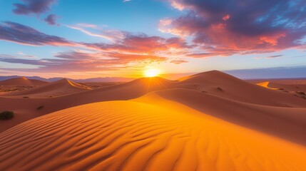 Sweeping dunes of the desert under a clear sky, with golden sands creating a patterned texture.