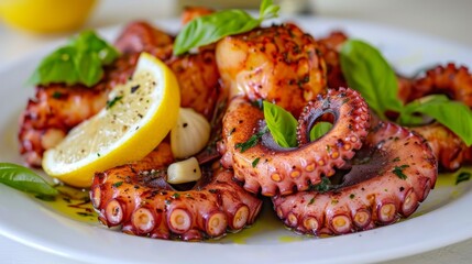 Grilled octopus with lemon and rosemary on a white plate.