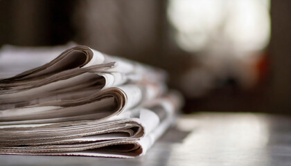 Stack of newspapers on the table in the morning light. Selective focus. Media news concept