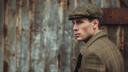Stylish young man in tweed posing by a rusty wall