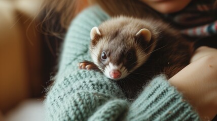 Fototapeta na wymiar An adorable ferret in a sweater cuddling in a person's hands