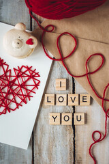 Concept of creative handmade postcard, greetings, romantic notes for Saint Valentine's Day. Words I...
