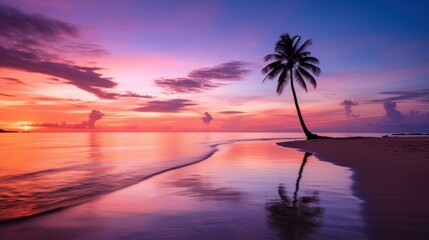 Fototapeta na wymiar Palm tree silhouette against a vibrant sunset on a tranquil beach