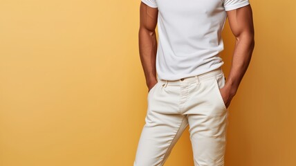 Back view of a man in casual white tee and beige pants - obrazy, fototapety, plakaty