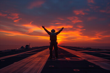 Fototapeta premium Aircraft marshaller on an aircraft carrier signaling with both arms at sunrise