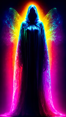 Poster of man in black cloak with rainbow light behind him.