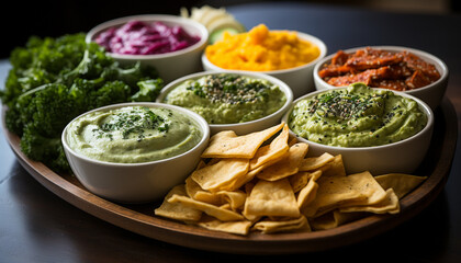 Fresh guacamole dip, a savory vegetarian appetizer on a wooden plate generated by AI