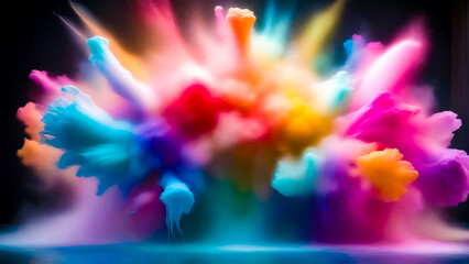 Multicolored explosion of light and water in dark room with black background.