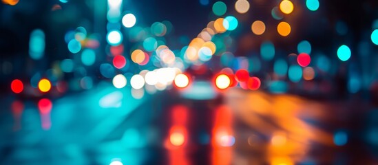 Blurry background of bokeh street lights and car headlights at night in the city, ideal for creative montage and design.