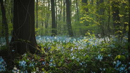  a forest filled with lots of blue flowers next to a lush green forest filled with lots of lush green trees.