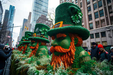 A lively group of emerald leprechauns take to the streets of a bustling city, adorned with skyscrapers and greenery, for a grand parade of magic and mischief