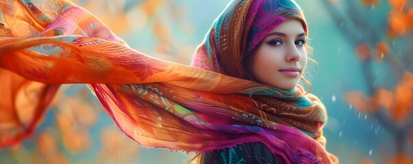 islamic girl beautiful colorful scarf and colorful in autumn fall wallpapers