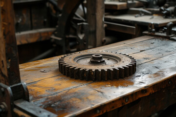 Old wooden machinery cog gear wheel on an antique workshop bench in a historic wood working shop