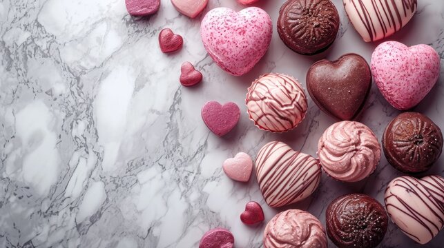  a table topped with lots of different types of heart shaped candies on top of a white marble counter top.