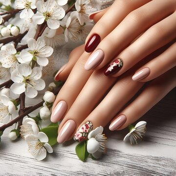 Female hands with beautiful spring blooming flowers nail design. Woman hands with trendy polish manicure on background with white spring flowers created with generative ai