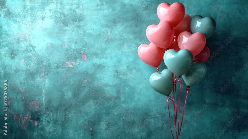 Wall mural  a bunch of heart shaped balloons floating in the air on a blue and green background with pink speckles. - Wall murals