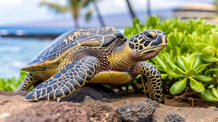 Fototapeta premium Tranquil sea turtle rests on sandy beach against mesmerizingly deep blue ocean backdrop