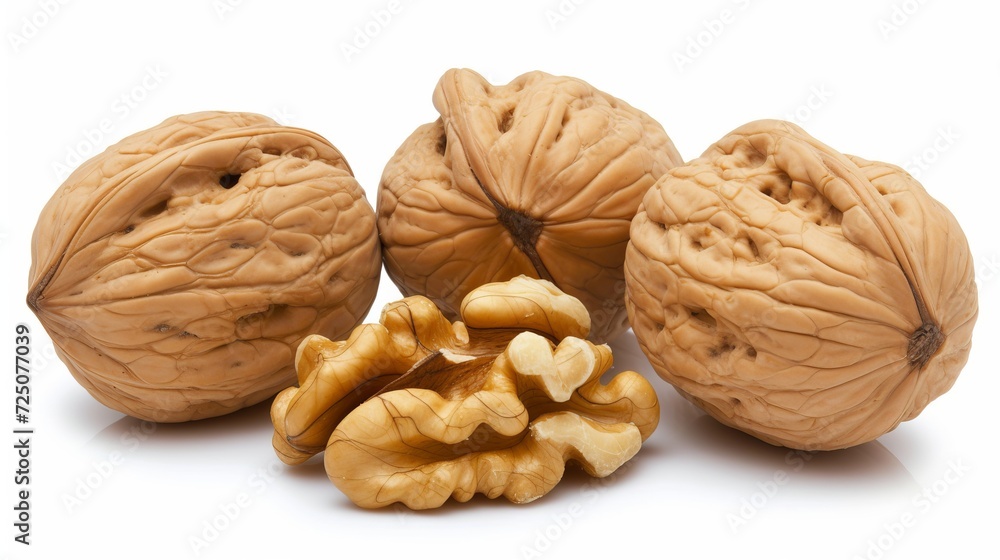 Aufkleber assorted whole walnuts with textured shells arranged neatly on a clean white background