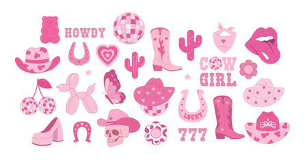 Cowboy and cowgirl pink icons set. Cowboy hat, disco ball, boots, lucky, cactus. Y2K pink core. Vector