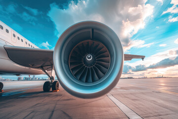 Aircraft jet engine close-up, airplane wing and chassis of landing gear wheel parked at the airport on a sky clouds background 