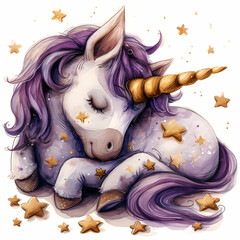 An enchanting painting of a whimsical purple unicorn with a shimmering gold horn, surrounded by sparkling stars, brought to life through intricate illustration and masterful sketching, evoking a sens - obrazy, fototapety, plakaty