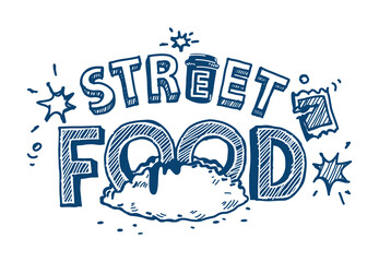 Hand drawn style blue ink street food sign 