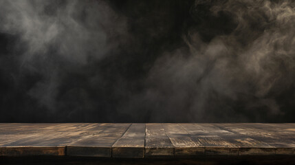 Wooden Table Top with Misty Smoke Background