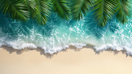 Top view of tropical leaf shadow on water with palm leaves shadow on beach   summer vacation scene