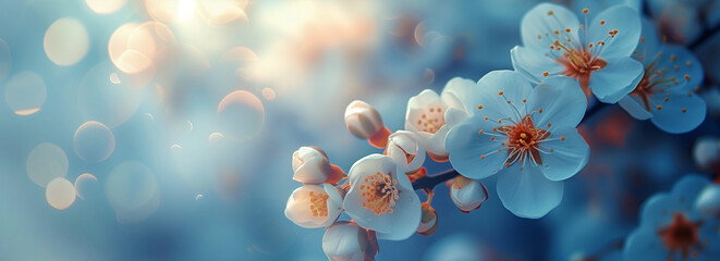 White cherry blossoms with soft bokeh on a blue background. Spring bloom nature concept. Design for wedding invitation, greeting card. Spring event banne with copy space.