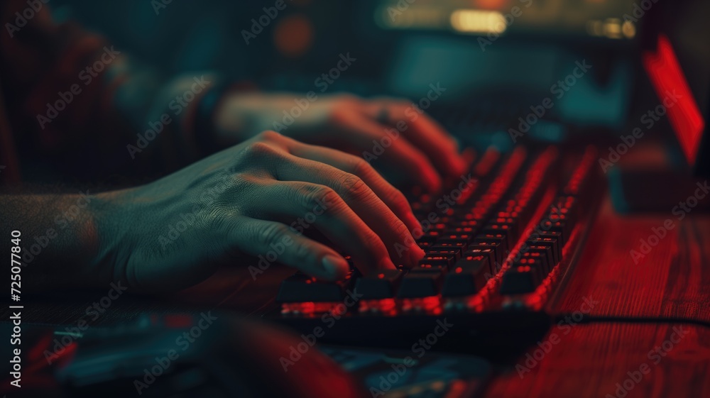 Poster hands of a cybersecurity expert typing on a backlit keyboard in the dark
