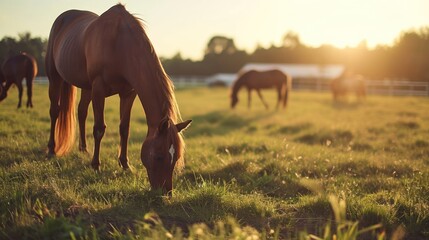  a group of horses grazing on grass in a fenced in area with the sun shining on the grass and trees in the background. - obrazy, fototapety, plakaty