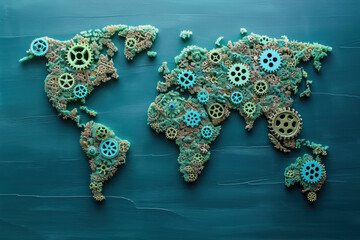 Global cooperation. World map formed by gears