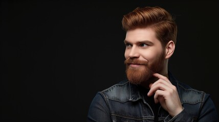 Stylish young man with beard in denim jacket thinking