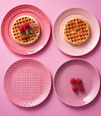  three plates with waffles, raspberries, and syrup on them on a pink tablecloth background.